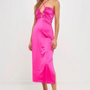 Grey Lab Vici Strappy Keyhole Midi Dress in Hot Pink Small